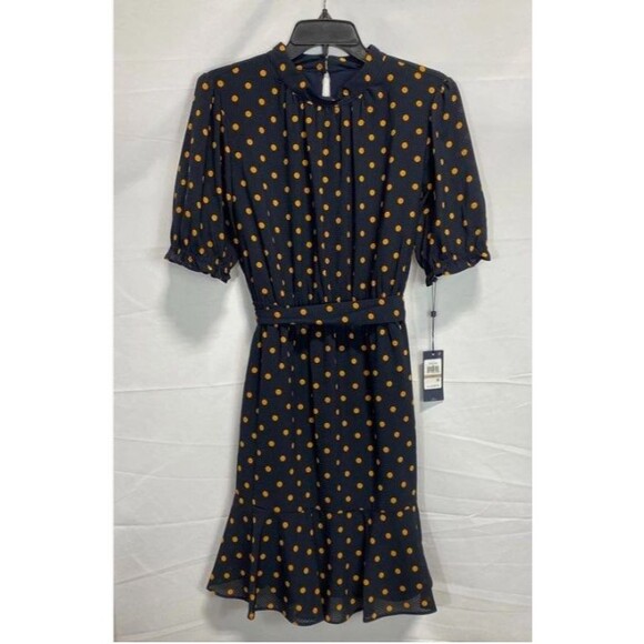 Tommy Hilfiger Dresses & Skirts - Tommy Hilfiger Womens Blue Polka Dot Belted Short Sleeve Dress Size 12 NWT